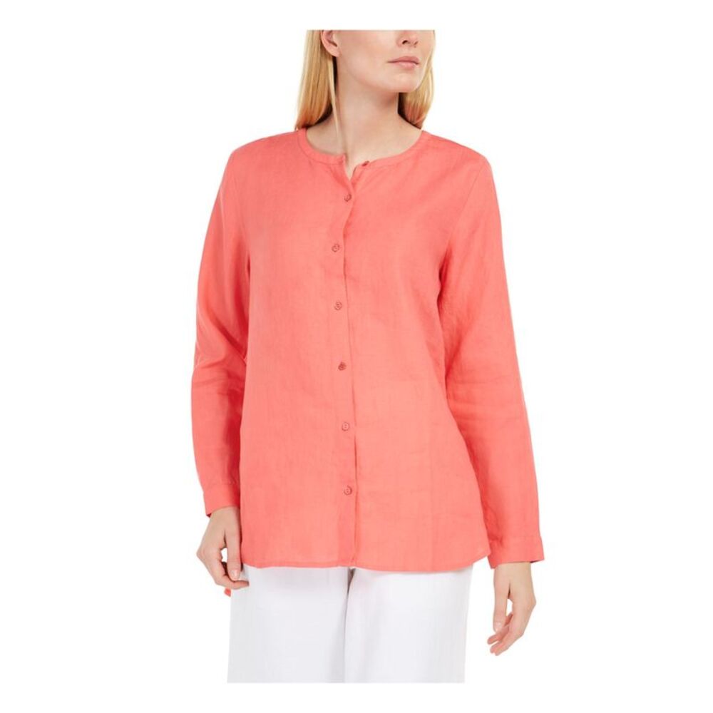 EILEEN FISHER Womens Coral Long Sleeve Jewel Neck Button Up Top M